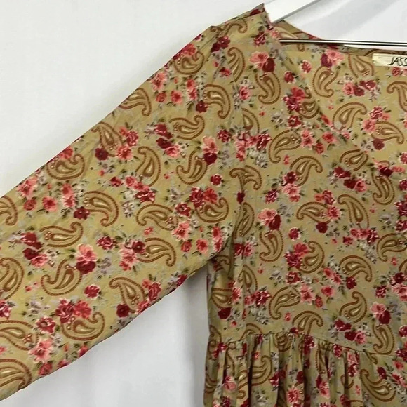 Jassa Wonens Dress 14 Gold Maroon 3/4 Sleeves Boho Floral Paisley Button Up EUC - Picture 4 of 14